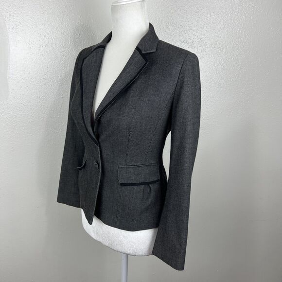 Halogen Blazer Women 0 Petite Black White Button Up Career Jacket Shoulder Pads - Picture 2 of 14